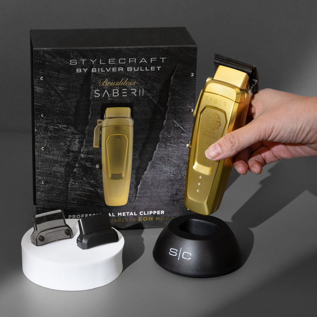 StyleCraft Saber 2 gold clipper with retail box and charging stand