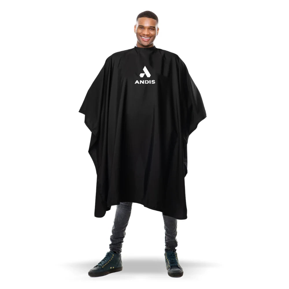 Andis black barber cape with logo, worn by male model