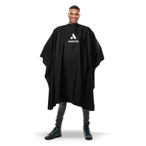 Andis black barber cape with logo, worn by male model