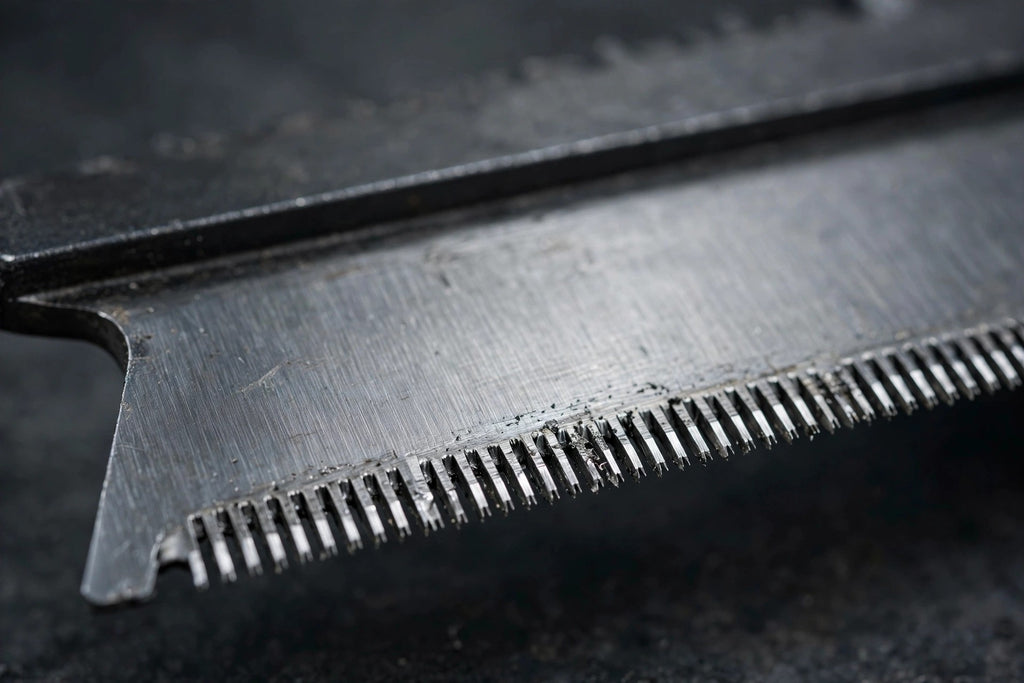 Macro close-up of the T-Outliner replacement blade cutting teeth