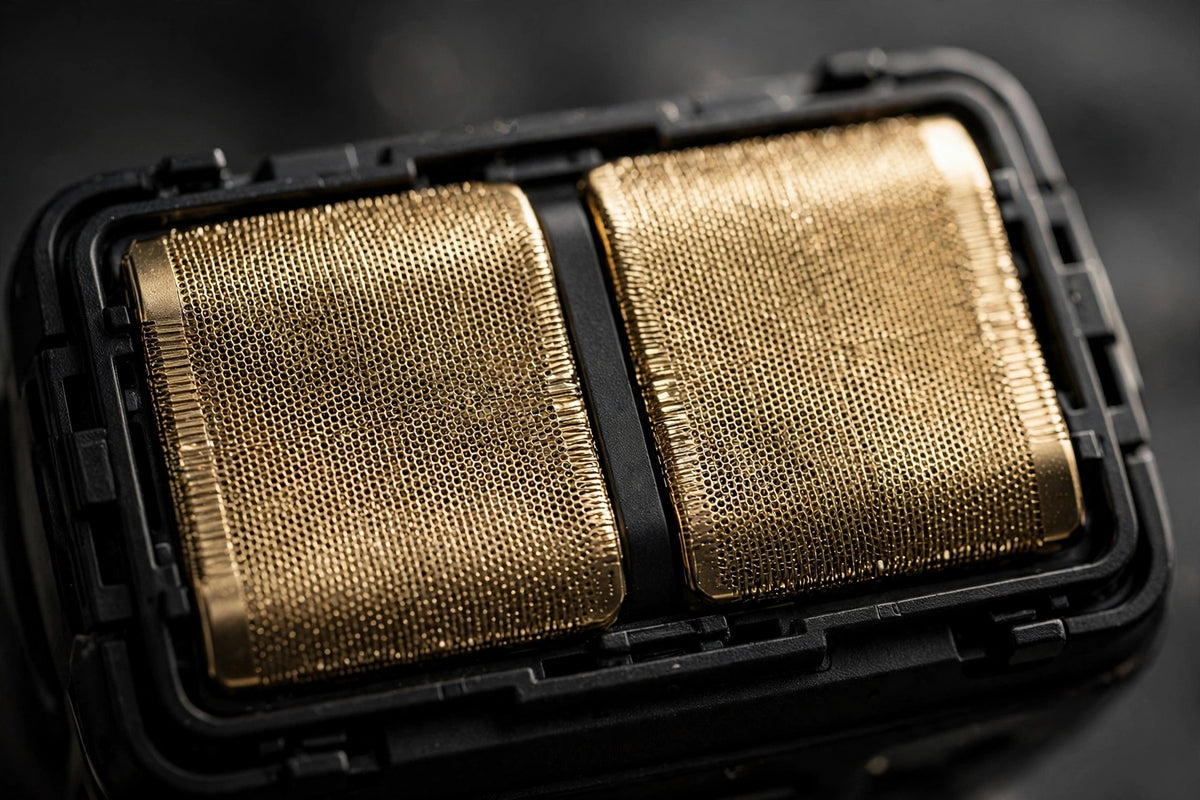 Macro close-up of the gold titanium hypoallergenic foil mesh