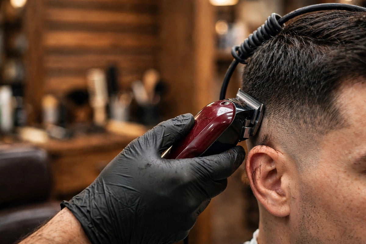 Barber using the Super Taper clipper for a fade in a barbershop