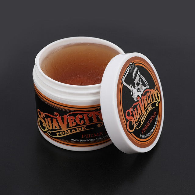 Suavecito Firme Hold pomade, open jar showing product texture