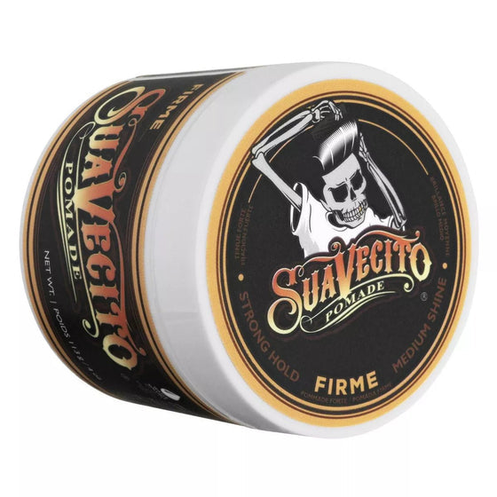 Suavecito Firme Hold pomade jar, angled view